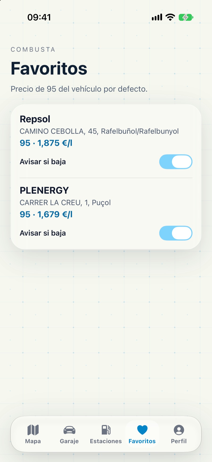 Favoritos de Combusta con el precio de gasolina 95 y el aviso si baja.