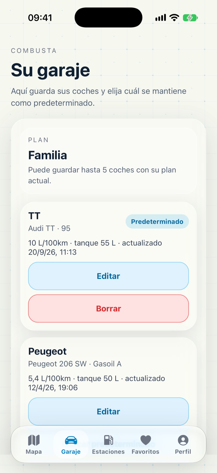 Garaje de Combusta con el plan Familia y los coches guardados.