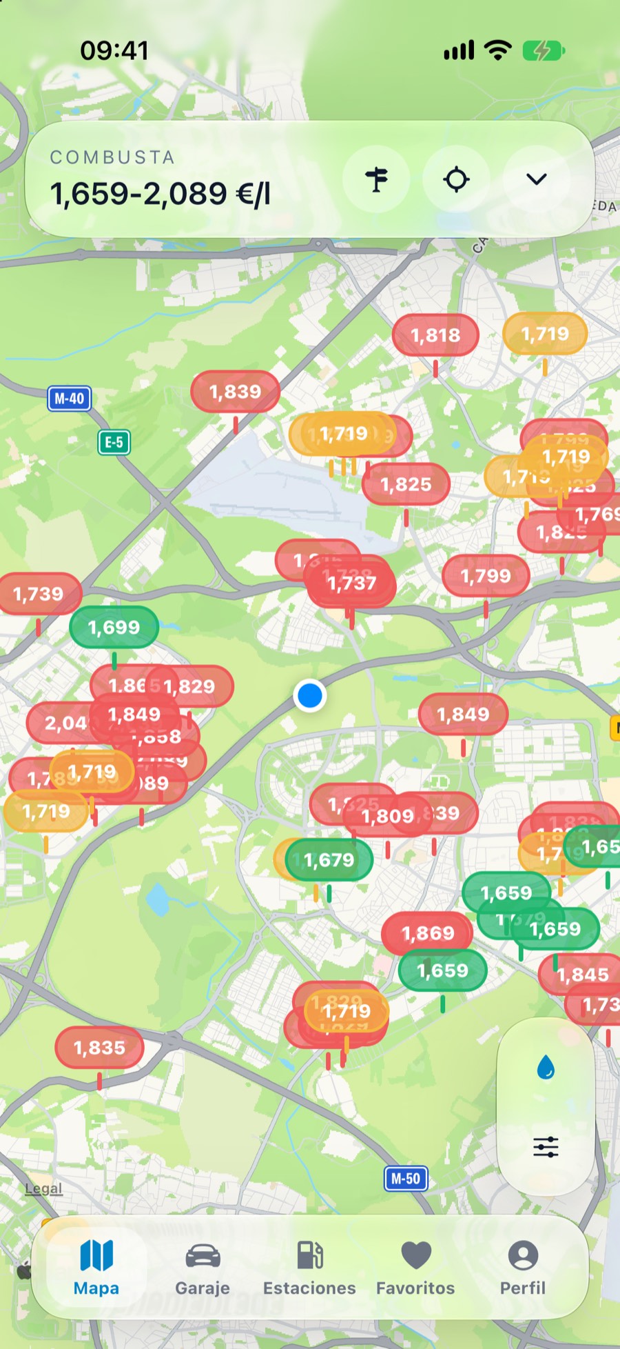 Mapa de Combusta con precios de gasolina entre 1,659 y 2,089 euros el litro cerca de Madrid.